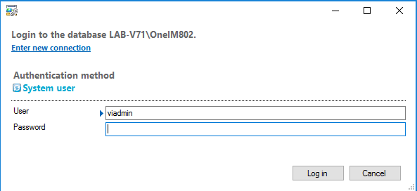 Login to the database LAB-V71\OnelM802. Enter new connection Authentication method O System user viadmin 